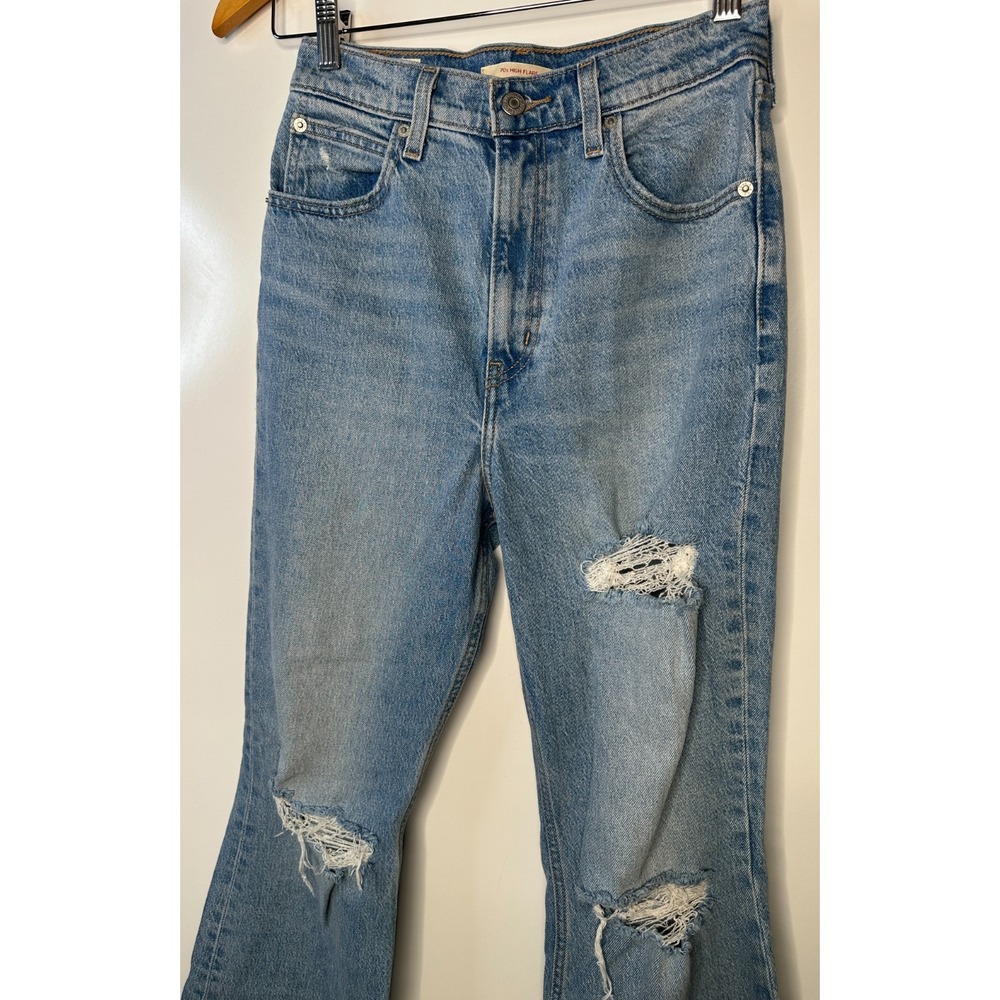 Levi's Premium 70's High Rise Flare Women's Jeans Blue Denim Distressed Size 26 - Picture 3 of 14